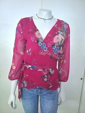 New York & Company Floral Wrap Blouse - Fuchsia